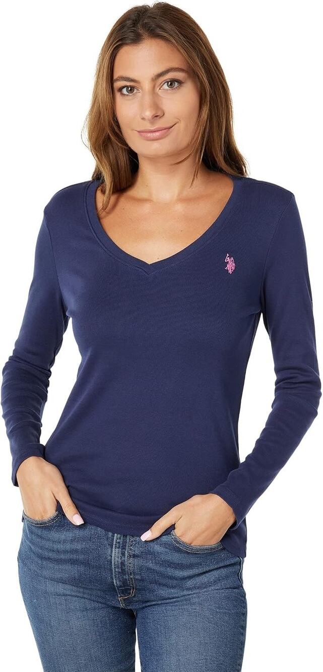U.S. Polo Assn. Women's XL Classic Navy Ribbed Long Sleeve V Neck T Shirt T5-3